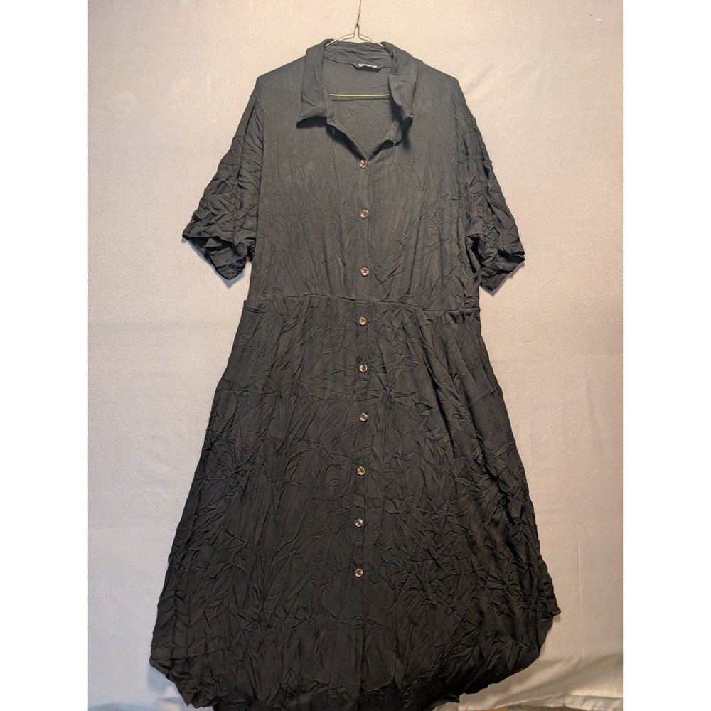 BloomChic Long Shirt Dress Women's 22-24 Black Crinkly 3/4 Sleeve Button Front